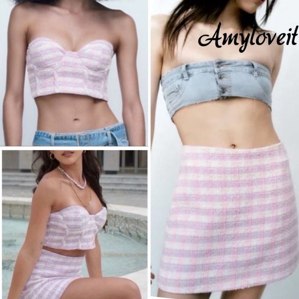 Zara tweed gingham set skirt & bustier top